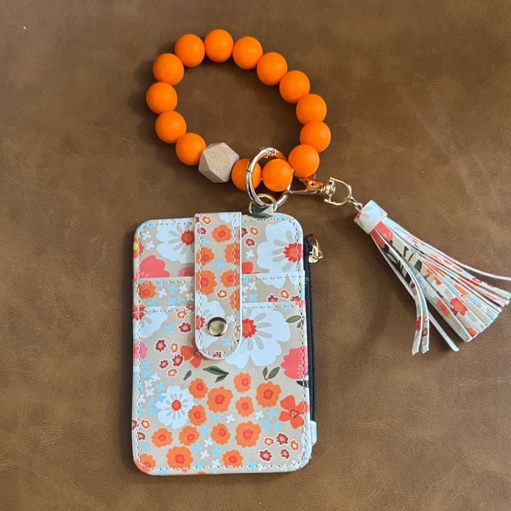 Floral Card Holder with Orange Beaded Keychain